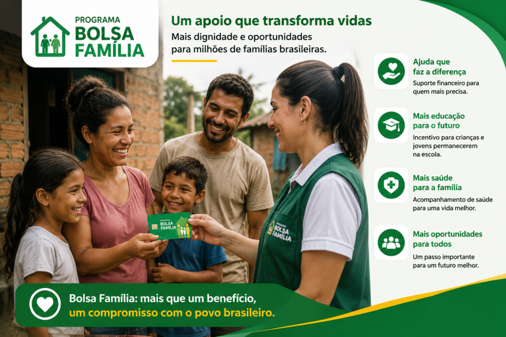Família brasileira de baixa renda sorri ao receber o cartão do Bolsa Família de uma assistente social, simbolizando apoio financeiro, acesso à educação e melhores condições de vida.
