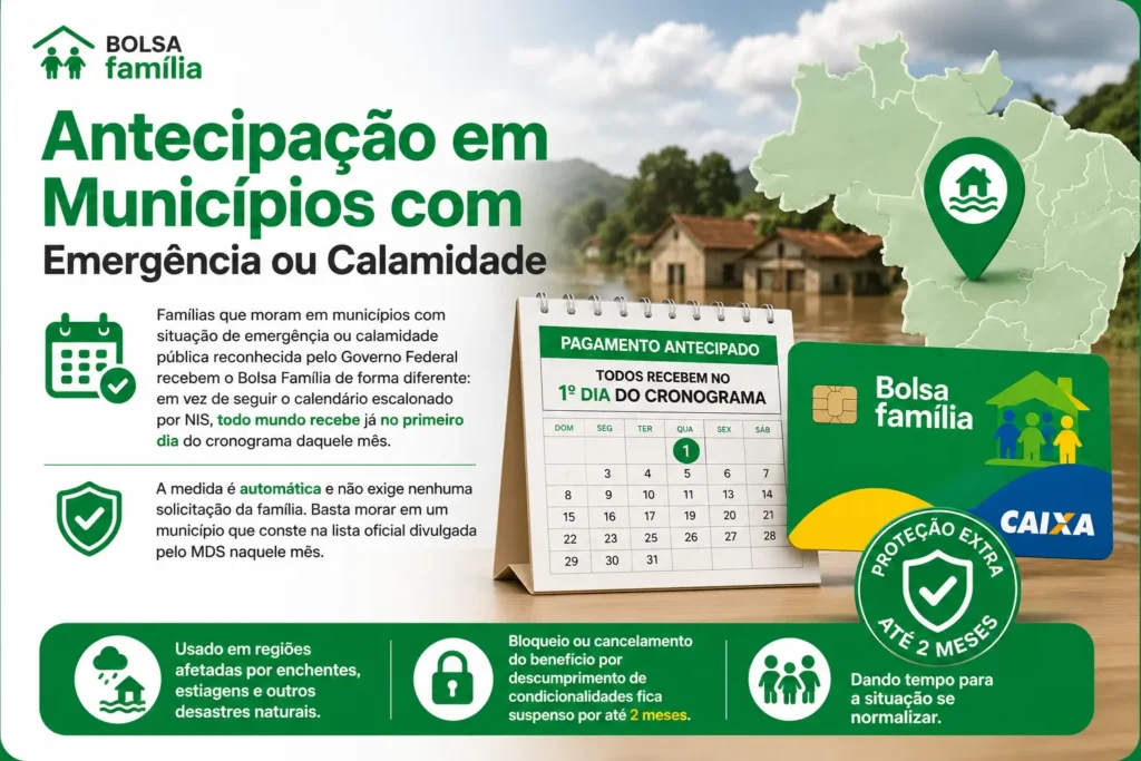 Ilustração da antecipação do pagamento do Bolsa Família para famílias em municípios com situação de emergência ou calamidade pública.