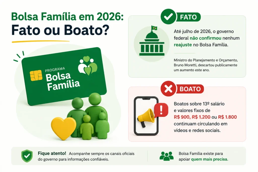 Infográfico sobre reajuste, 13º salário e valores do Bolsa Família em 2026