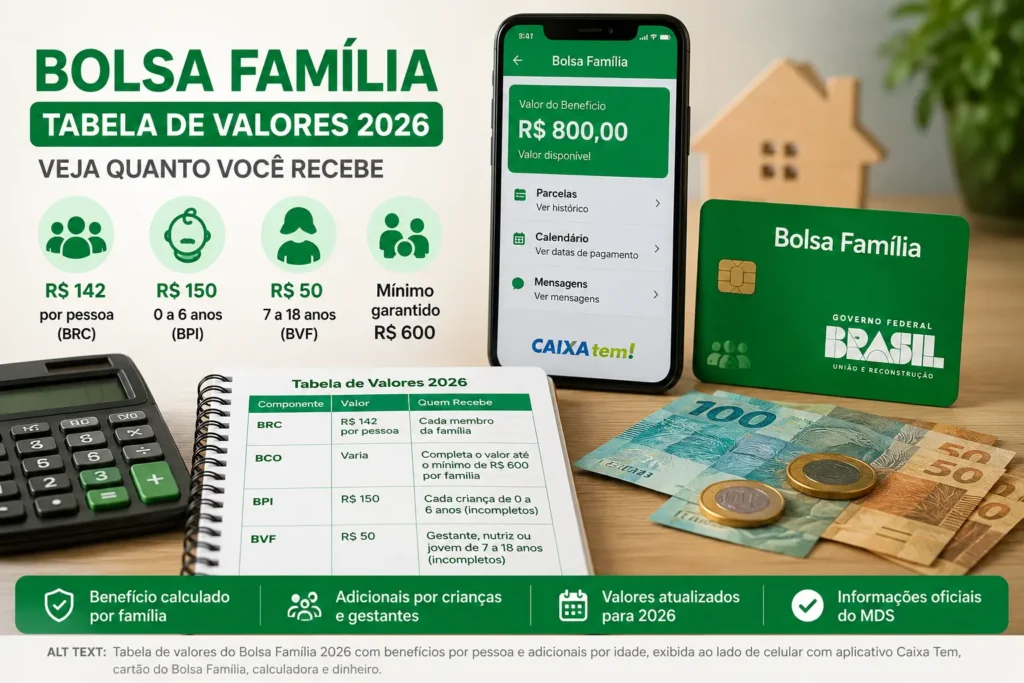 Tabela de valores do Bolsa Família 2026 com benefícios por pessoa, adicionais para crianças e valor mínimo garantido por família.