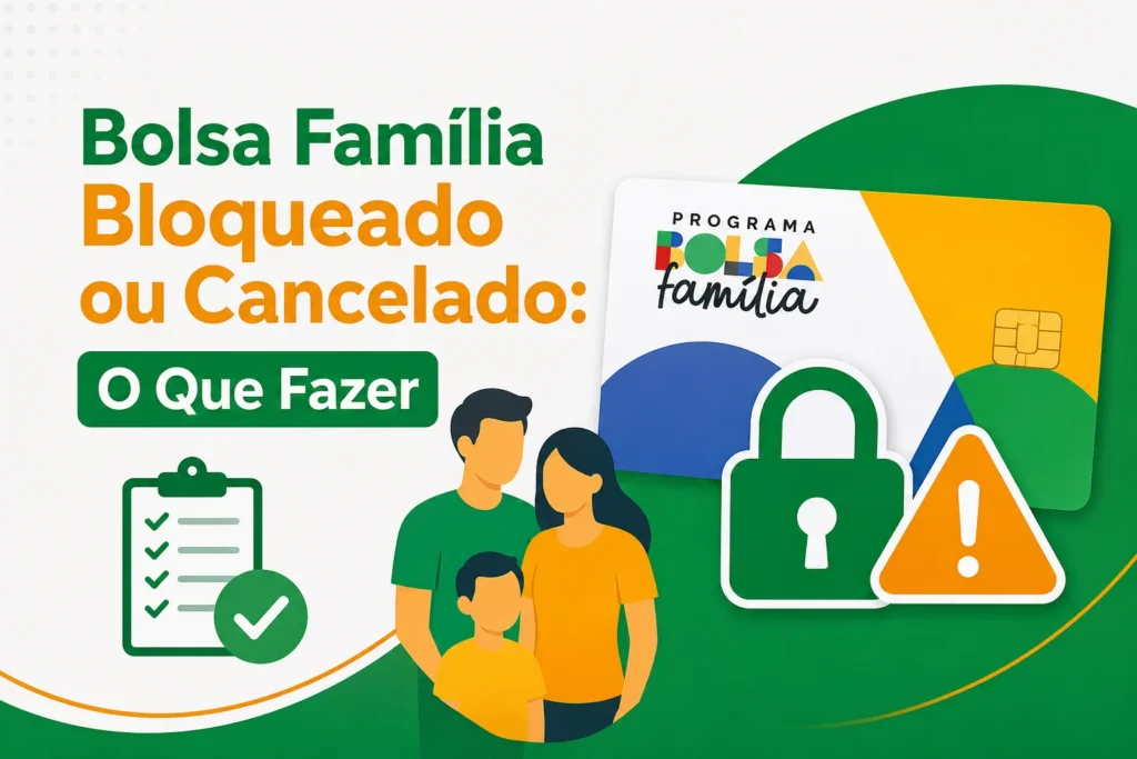 Ilustração mostrando Bolsa Família bloqueado ou cancelado e os passos para regularizar o benefício.