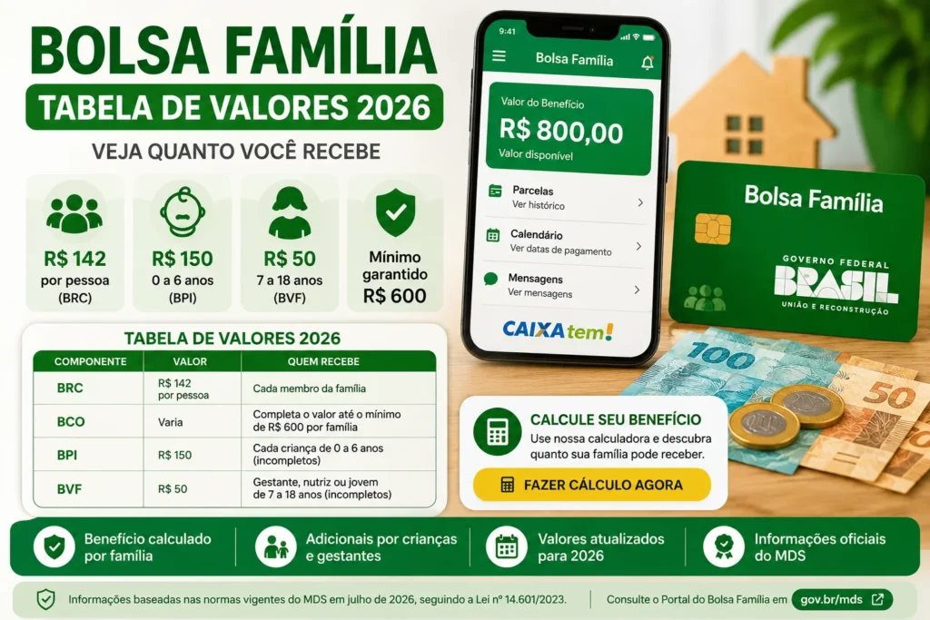 Tabela de valores do Bolsa Família 2026 com benefícios por pessoa, crianças e gestantes