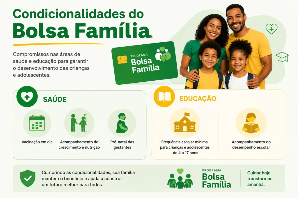Infográfico sobre as condicionalidades do Bolsa Família nas áreas de saúde e educação