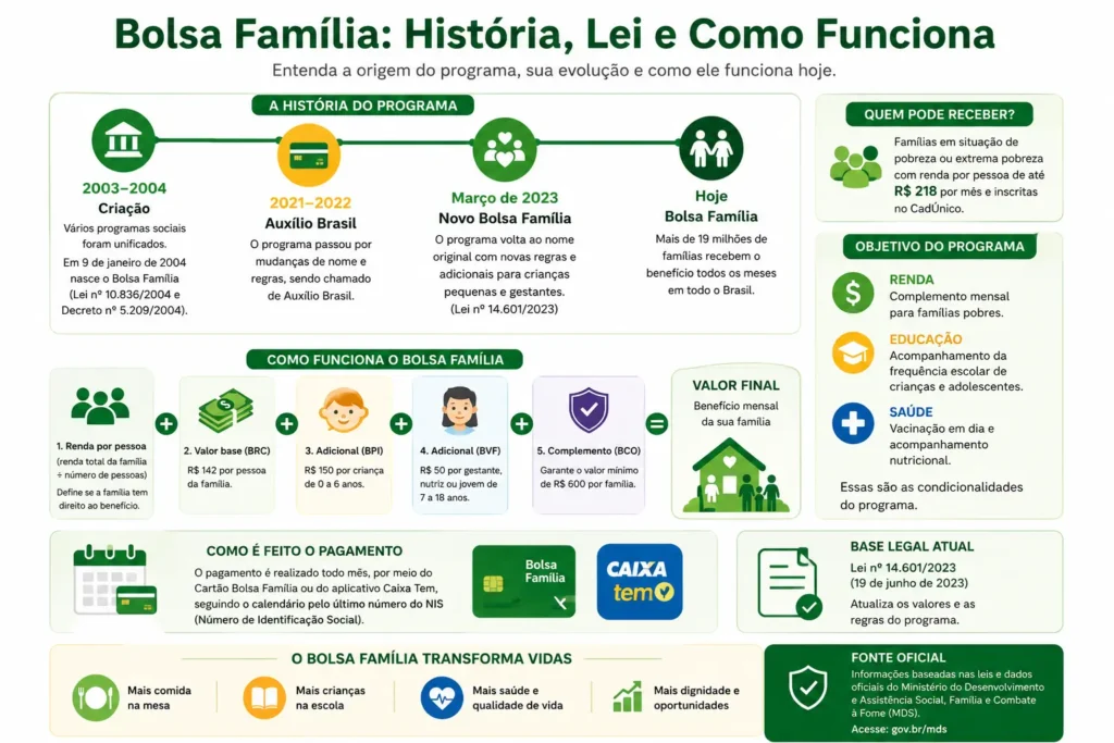 Infográfico mostrando a história do Bolsa Família, sua evolução, quem pode receber e como o programa funciona atualmente.