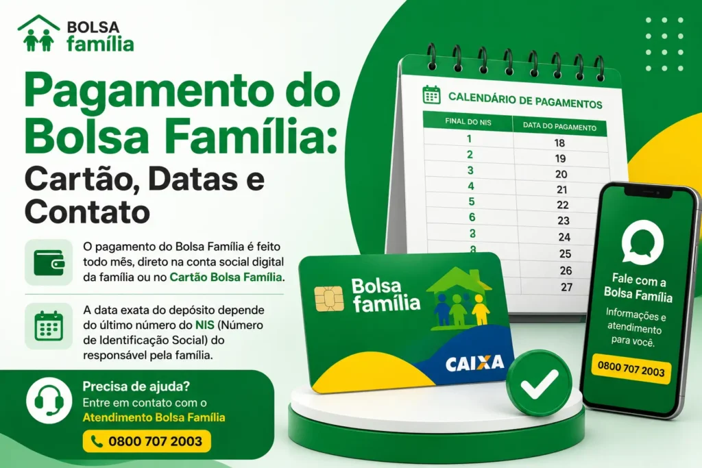 Pagamento do Bolsa Família com Cartão Bolsa Família, calendário de pagamentos por NIS e informações de contato.