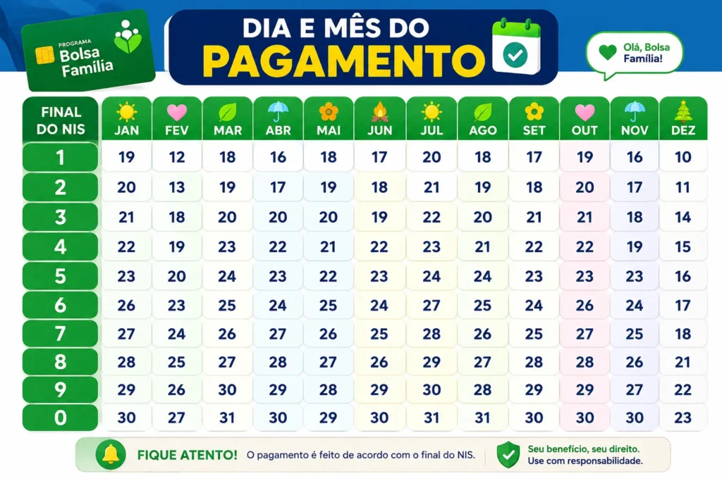 Calendário de pagamentos do Bolsa Família 2026 organizado pelo final do NIS
